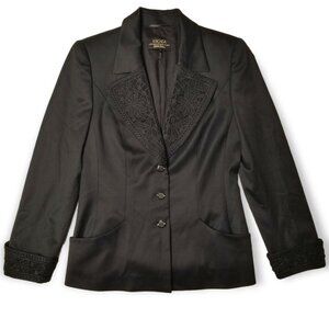 Escada Size 6 Black Wool Blazer With Floral Lapels And Cuffs Wide Notched Collar